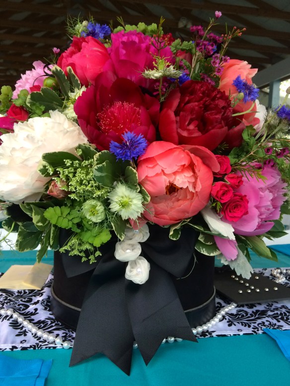 25 peonies all in one hat box, with pittosporum, nigella, cornflower, waxflower, dusty miller and queen anne's lace